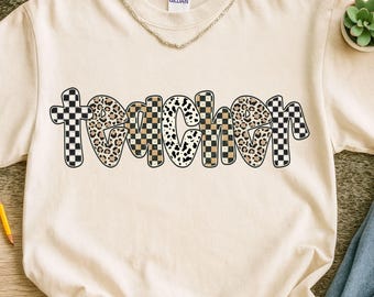 Retro Teacher PNG, Boho Checker Leopard Print Teacher Sublimation, Groovy Teacher PNG for Shirt, Preppy Teacher png, Teacher Life Png