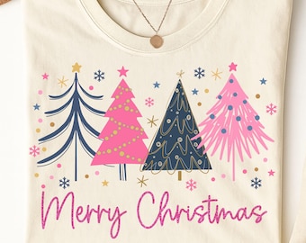 Pink Christmas Trees PNG, Merry Christmas Png, Merry and Bright Png, Retro Pink Christmas Sublimation, Christmas Shirt Design, christmas png