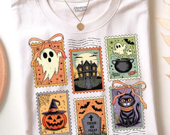 Retro Halloween Cat Ghost Png, Halloween Stamp Ghost Coquette Bow png, Girly Halloween Png, Pumpkin Halloween, Spooky Season Png, Fall Png