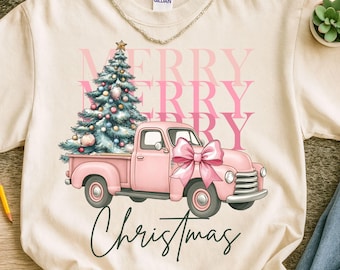Retro Pink Merry Christmas Truck Png, Coquette Christmas Tree Sublimation, Pink Christmas Truck, Girly Holiday Shirt Design, Pink Christmas