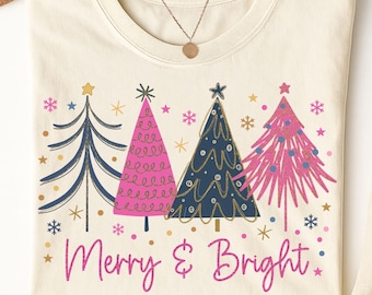Merry & Bright Pink Christmas Tree PNG, Christmas tree sublimation, Merry Christmas Shirt Design, Preppy Merry and Bright Christmas png