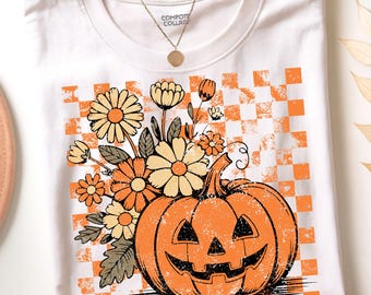 Retro Halloween Floral Pumpkin PNG, Funny Pumpkin Halloween Png, Preppy Halloween Png, Boho Floral Fall Pumpkin Season Png, Checkered Design