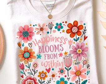 Glück blüht von innen PNG, positives Boho Blumenzitat, wunderliche Blumen, Motivationsblume png, inspirierend, Freundlichkeit, Blumen