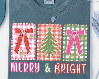 Merry & Bright PNG, Kokietka Świąteczna Png, Preppy Wesołych Świąt Png, Sublimacja Choinki Świątecznej png, Projekt Kokardy Bożonarodzeniowej Kokietki Png