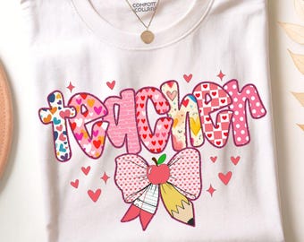 Teacher Valentine Png, Valentine's Day Teacher Shirt Design, Teacher Coquette Bow Png, Retro Teacher Png, Valentine Day Sublimation Design
