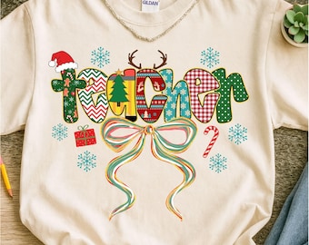 Maestra coqueta navideña PNG, Feliz Navidad maestra PNG, Diseño de camiseta navideña de sublimación, Lazo de maestra coqueta PNG, Maestra navideña PNG