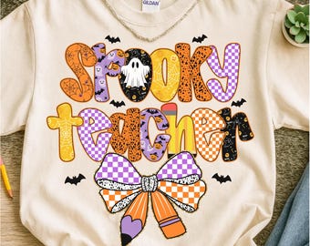 Spooky Teacher Halloween Png, Preppy Halloween Teacher PNG, Ghost Halloween Design, Spooky vibes Png, Coquette Halloween Teacher Sublimation