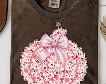Calabaza con encaje floral rosa preppy, lazo de calabaza floral femenino, encaje de calabaza de otoño, calabaza de otoño coqueta, calabaza rosa de otoño
