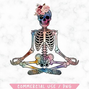 May include: A watercolor illustration of a skeleton in a seated yoga pose, adorned with a floral crown. The skeleton is rendered in a rainbow gradient, set against a white marble background. The image includes the text "COMMERCIAL USE / PNG".