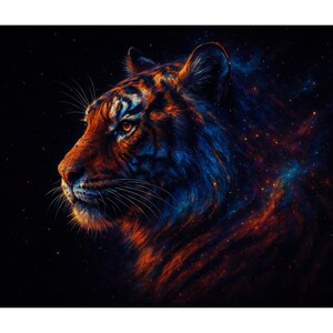 Afdrukbare kunst aan de muur kosmische tijger | Galaxy Tijgerportret Digitale kunst | Poster ruimtedier jpg + pdf | Directe download van 30 x 20 inch