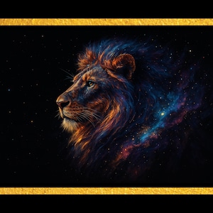 Afdrukbare kunst aan de muur kosmische leeuw | Melkwegstelsel leeuwportret Digitale kunst | Poster ruimtedier jpg + pdf | Directe download van 30 x 20 inch