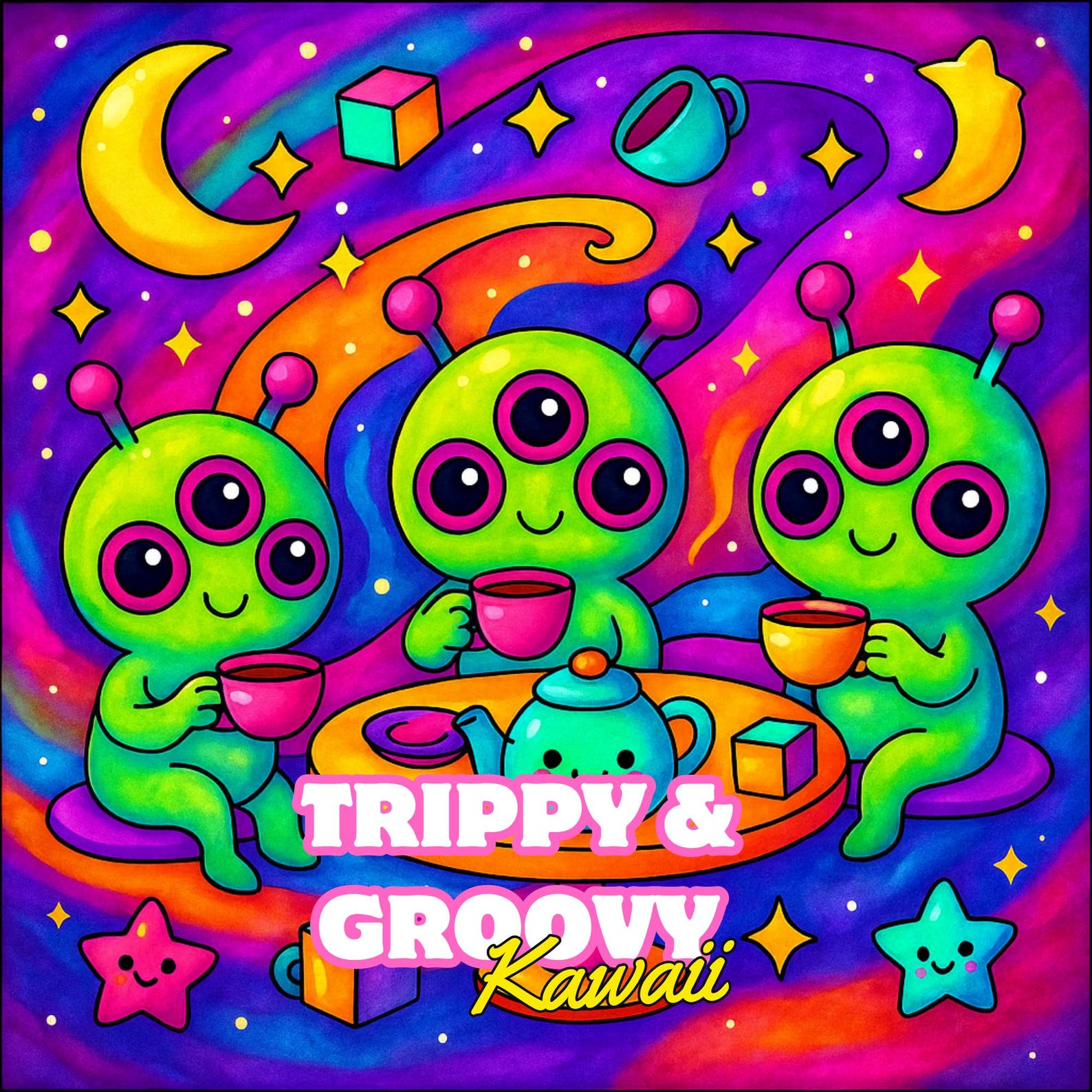 Trippy Kawaii Coloring Pages, Groovy Psychedelic Cute Alien Coloring