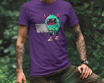 Programista Humor Monster T-Shirt - Bugsy Byte Monster Tee dla Tech Geeków i Miłośników Kodowania, Tech Geeky Gift Shirt