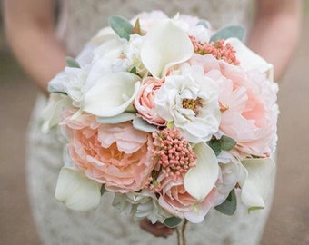 Wedding bouquet, Peach peony bouquet, Boho bouquet, Rustic bouquet, Rose bouquet, Brides bouquet, Silk flower bouquet