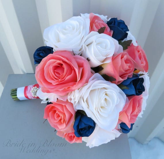 Rose Wedding bouquet Coral navy blue and white silk bridal ...