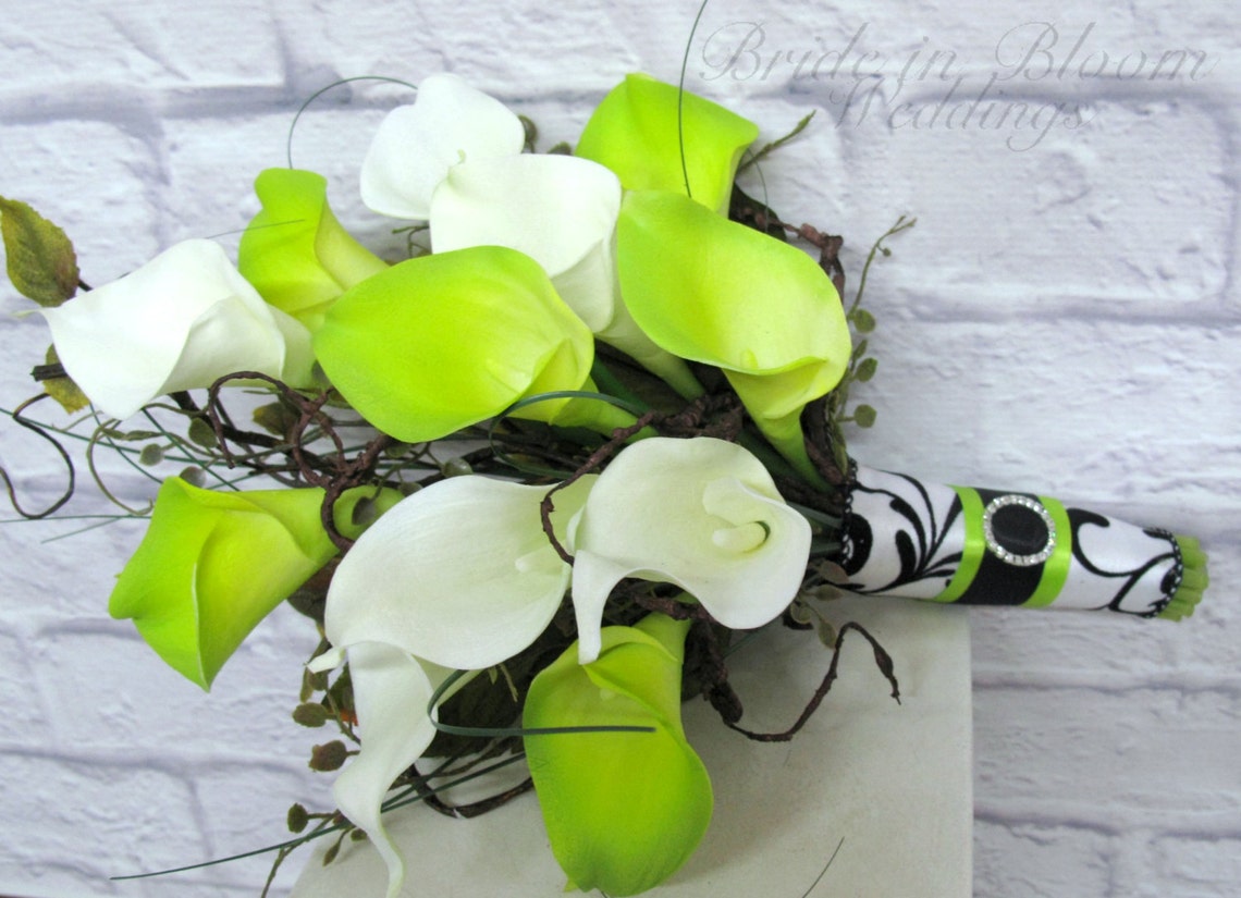 Wedding Bouquet Real Touch Calla Lily Lime Green White Damask Etsy