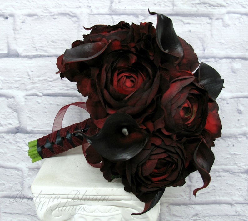 Wedding Bouquet Red black bouquet Silk wedding bouquet real touch calla lily ranunculus