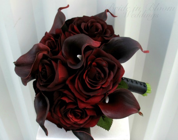 Wedding Bouquet Red black bouquet Silk wedding bouquet real touch calla lily ranunculus