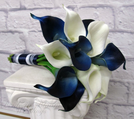 Calla Lily Wedding Bouquet Navy Blue White Real Touch Etsy