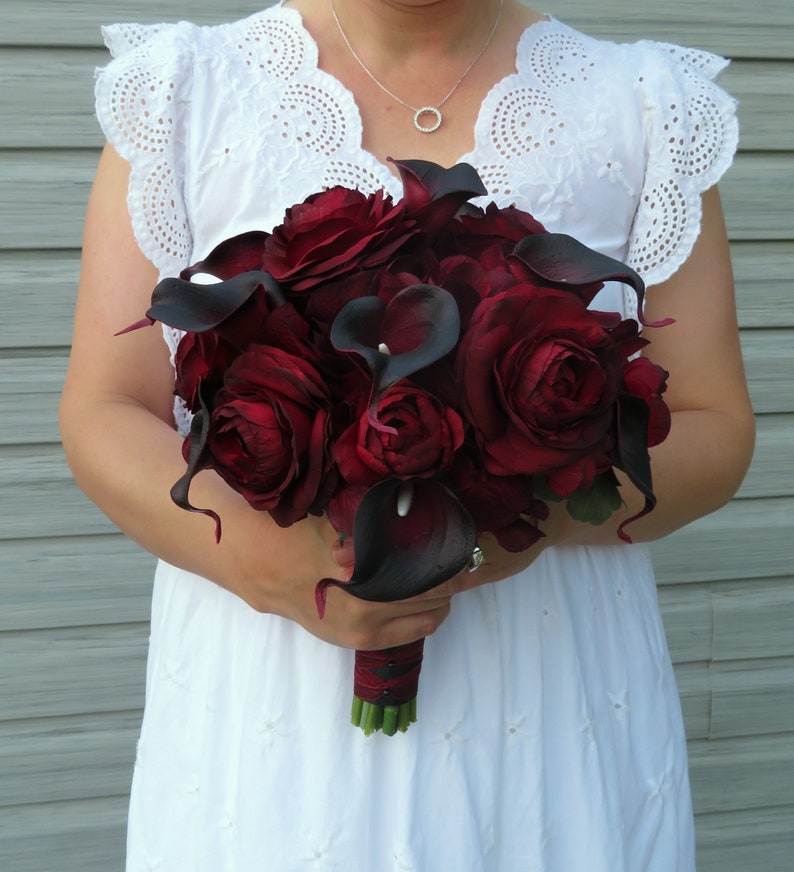 Wedding Bouquet Red black bouquet Silk wedding bouquet real touch calla lily ranunculus
