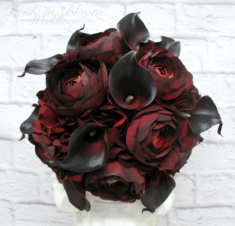 Wedding Bouquet Red black bouquet Silk wedding bouquet real touch calla lily ranunculus