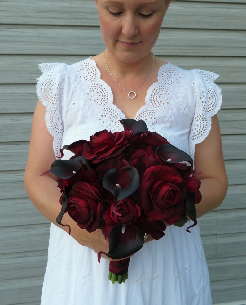 Wedding Bouquet Red black bouquet Silk wedding bouquet real touch calla lily ranunculus
