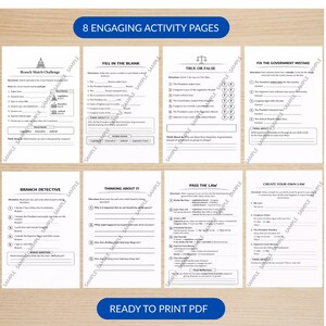 May include: A printable PDF featuring eight activity pages with exercises on government. The pages include fill-in-the-blank, true or false, and matching tasks. The text "READY TO PRINT PDF" is at the bottom. The activities cover topics like the branches of government.