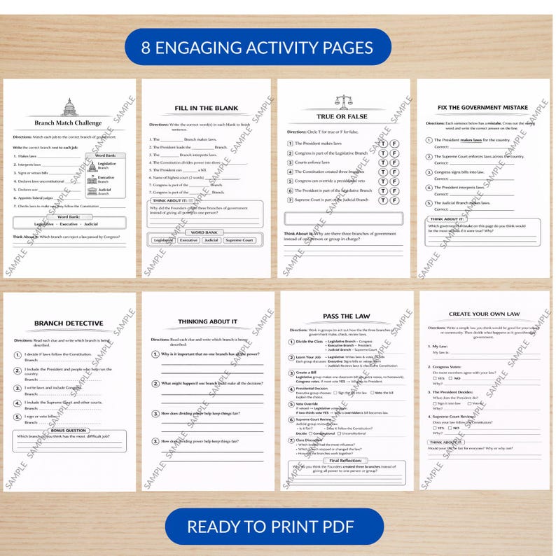 May include: A printable PDF featuring eight activity pages with exercises on government. The pages include fill-in-the-blank, true or false, and matching tasks. The text "READY TO PRINT PDF" is at the bottom. The activities cover topics like the branches of government.