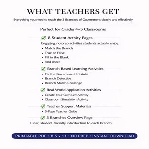 May include: A white printable PDF document titled "WHAT TEACHERS GET" with information about the 3 Branches of Government. Includes activity pages, learning activities, and teacher support materials. The document is 21.59 x 27.94 cm.