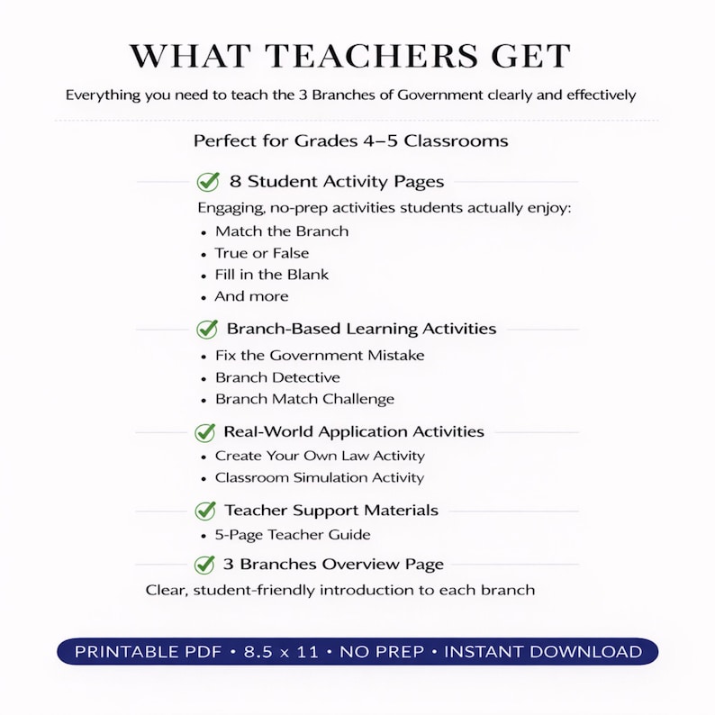 May include: A white printable PDF document titled "WHAT TEACHERS GET" with information about the 3 Branches of Government. Includes activity pages, learning activities, and teacher support materials. The document is 21.59 x 27.94 cm.