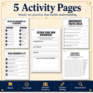 Peut inclure: Cinq pages d'activit&eacute;s &eacute;ducatives sur le th&egrave;me de la Constitution am&eacute;ricaine. Les feuilles comprennent Match the Amendment to Its Meaning, Design Your Own Amendment, Amendment Truth Check, Which Amendment Is It et un mot m&ecirc;l&eacute;.