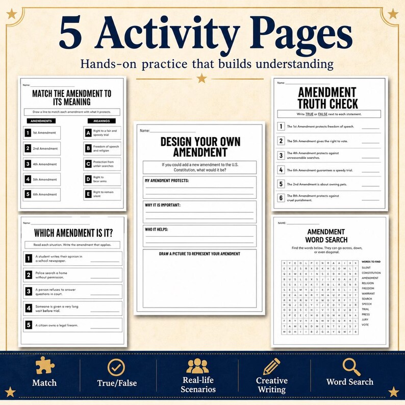 Peut inclure: Cinq pages d'activit&eacute;s &eacute;ducatives sur le th&egrave;me de la Constitution am&eacute;ricaine. Les feuilles comprennent Match the Amendment to Its Meaning, Design Your Own Amendment, Amendment Truth Check, Which Amendment Is It et un mot m&ecirc;l&eacute;.