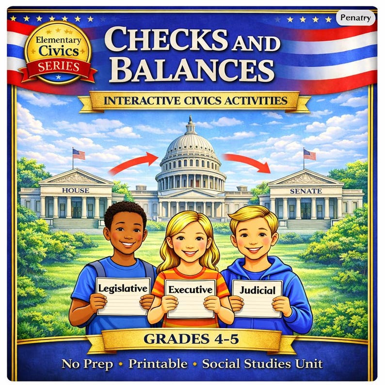 May include: A colorful educational graphic titled "Checks and Balances" for grades 4-5. The cover features illustrations of the House, Senate, and Capitol buildings, with children holding signs labeled "Legislative," "Executive," and "Judicial."