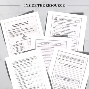 May include: A collection of white worksheets with black text, designed for educational purposes. The worksheets cover topics such as the legislative branch, checks and balances, and designing laws. The text "INSIDE THE RESOURCE" is at the top.