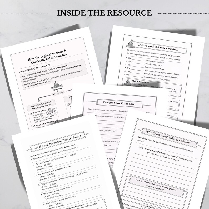 May include: A collection of white worksheets with black text, designed for educational purposes. The worksheets cover topics such as the legislative branch, checks and balances, and designing laws. The text "INSIDE THE RESOURCE" is at the top.