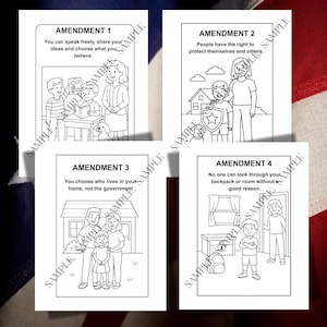 May include: Four black and white illustrations of the first four amendments to the U.S. Constitution. Each image includes text and drawings of people and objects. The text includes the amendment number and a brief description of the amendment.