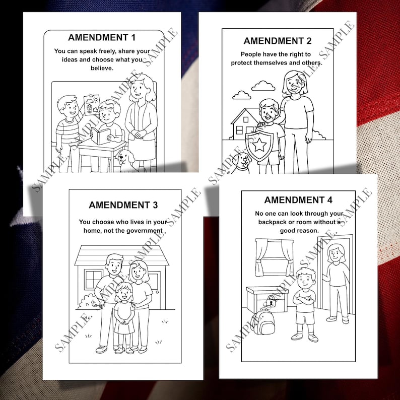 May include: Four black and white illustrations of the first four amendments to the U.S. Constitution. Each image includes text and drawings of people and objects. The text includes the amendment number and a brief description of the amendment.