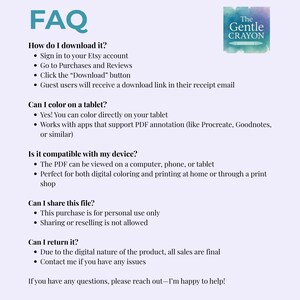 Peut inclure: Une fiche d'information FAQ pour The Gentle Crayon pr&eacute;sentant du texte sur le t&eacute;l&eacute;chargement, la compatibilit&eacute; avec les tablettes, l'utilisation des appareils, le partage de fichiers et les politiques de retour pour les achats num&eacute;riques.