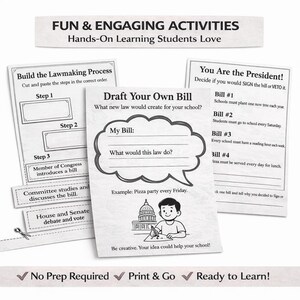 K&ouml;nnte beinhalten: Lehrreiche Arbeitsbl&auml;tter mit dem Text "FUN & ENGAGING ACTIVITIES" und "Hands-On Learning Students Love". Enth&auml;lt Anweisungen zum Verfassen eines Gesetzentwurfs und eine &Uuml;bung "You Are the President!". Mit einer Cartoon-Illustration.