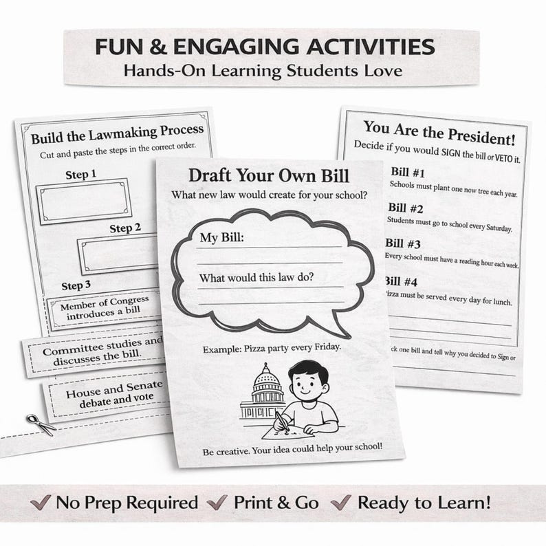 K&ouml;nnte beinhalten: Lehrreiche Arbeitsbl&auml;tter mit dem Text "FUN & ENGAGING ACTIVITIES" und "Hands-On Learning Students Love". Enth&auml;lt Anweisungen zum Verfassen eines Gesetzentwurfs und eine &Uuml;bung "You Are the President!". Mit einer Cartoon-Illustration.