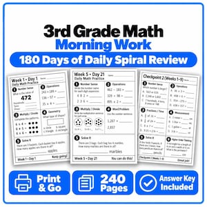 May include: A 3rd Grade Math Morning Work 180 Days of Daily Spiral Review educational resource. The image displays three sample worksheets featuring maths problems, number sense, operations, geometry, and word problems. Includes 240 pages and an answer key.