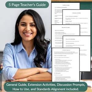 May include: A smiling woman in a blue shirt is featured in an image with a teacher's guide. The guide includes sections on extension activities, discussion prompts, and standards alignment. The text reads "5 Page Teacher's Guide."
