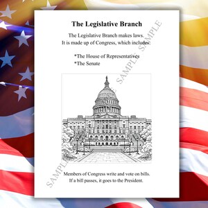 May include: A black and white illustration of the U.S. Capitol building is featured on a white page. The text reads "The Legislative Branch" and describes the roles of Congress, the House of Representatives, and the Senate. The page is set against a backdrop of the American flag.