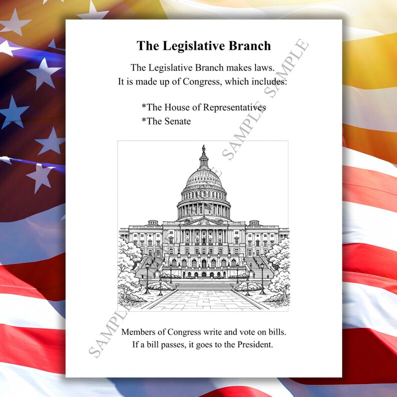 May include: A black and white illustration of the U.S. Capitol building is featured on a white page. The text reads "The Legislative Branch" and describes the roles of Congress, the House of Representatives, and the Senate. The page is set against a backdrop of the American flag.