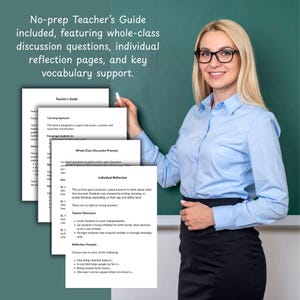 May include: A woman in a blue button-down shirt and black skirt smiles while holding a teacher's guide. The guide includes discussion questions, reflection pages, and vocabulary support. Text on the image reads: "No-prep Teacher's Guide."