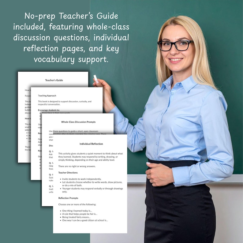 May include: A woman in a blue button-down shirt and black skirt smiles while holding a teacher's guide. The guide includes discussion questions, reflection pages, and vocabulary support. Text on the image reads: "No-prep Teacher's Guide."