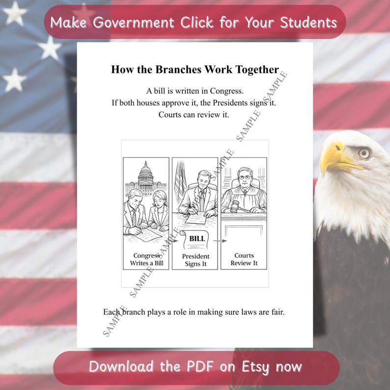 May include: An educational diagram in black and white, titled "How the Branches Work Together", illustrating the roles of Congress, the President, and Courts. Text includes "Make Government Click for Your Students" and "Download the PDF on Etsy now". The background features an American flag and an eagle.