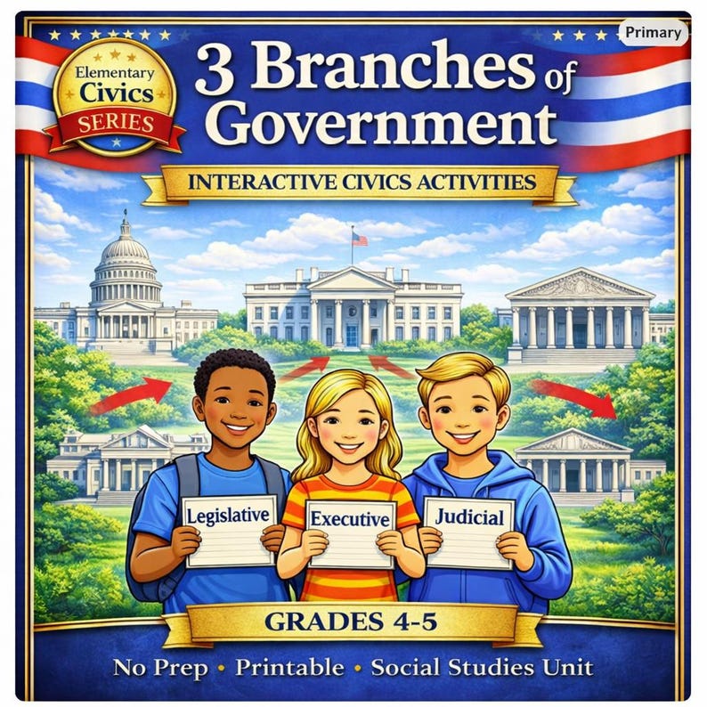 May include: An educational illustration titled "3 Branches of Government" for grades 4-5. The image features three children holding signs labeled "Legislative," "Executive," and "Judicial," with illustrations of government buildings in the background. The text also includes "Interactive Civics Activities."