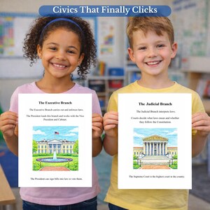 May include: Two children smiling and holding educational posters about the branches of the U.S. government. The posters show illustrations of the White House and the Supreme Court, with text explaining the roles of each branch. The title "Civics That Finally Clicks" is at the top.