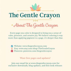 May include: Cream-coloured graphic with the text "The Gentle Crayon" in teal. Below, it reads "About The Gentle Crayon." The text describes the benefits of colouring and provides website and social media links.